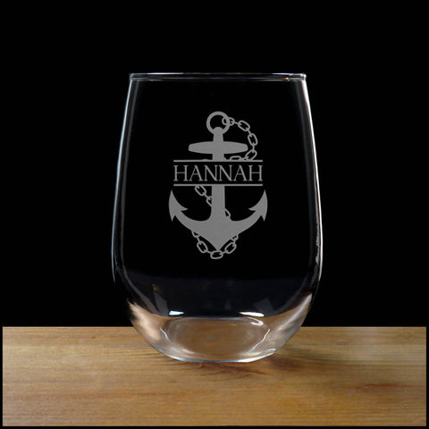 Anchor and Chain with Name Personalized Stemless Wine Glass - Copyright Hues in Glass
