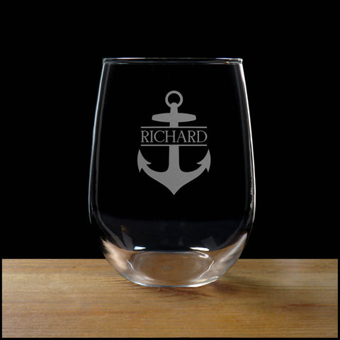 Anchor with Name Personalized Stemless Wine Glass - Copyright Hues in Glass