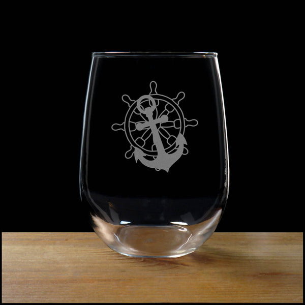 Anchor and Ship's Wheel Stemless Wine Glass - Copyright Hues in Glass