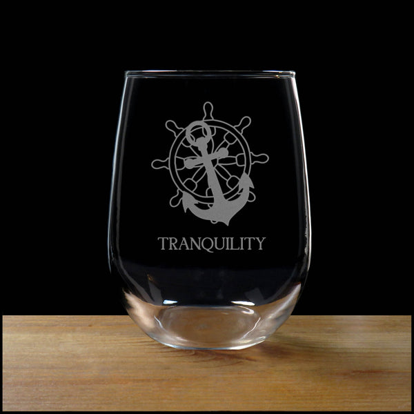 Anchor and Ship's Wheel Stemless Personalized Wine Glass - Copyright Hues in Glass
