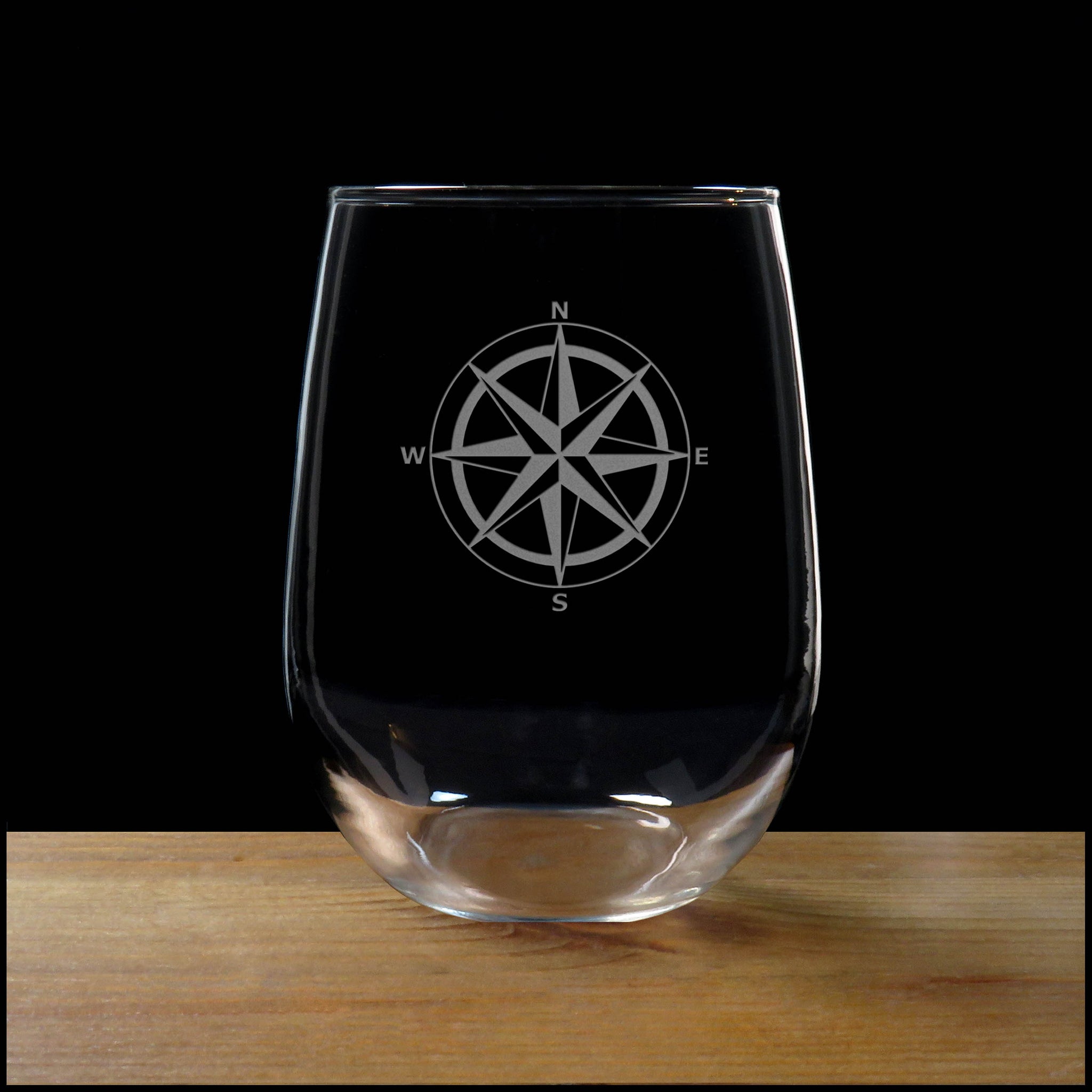 Compass Rose Stemless Wine Glass - Copyright Hues in Glass
