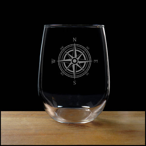 Compass Rose Stemless Wine Glass - Design 2 - Copyright Hues in Glass