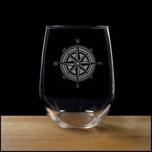 Compass Rose Stemless Wine Glass - Design 3 - Copyright Hues in Glass