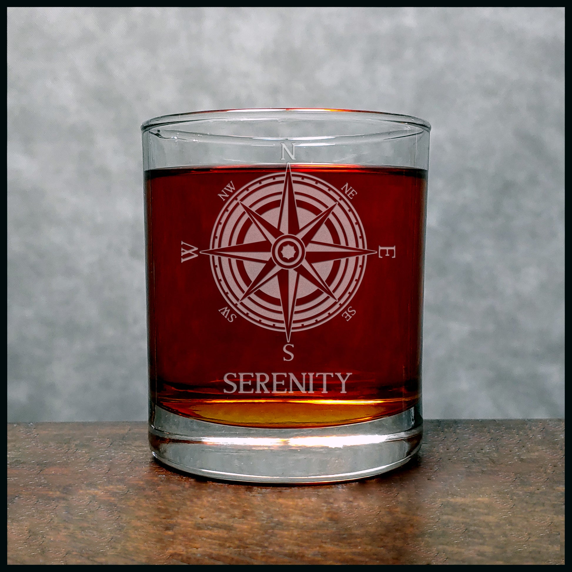 Compass Rose Personalized Whiskey Glass - Design 3 - Copyright Hues in Glass