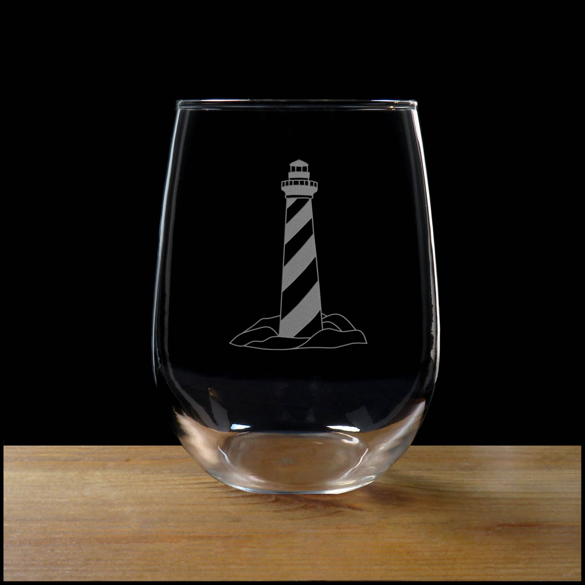 Lighthouse Stemless Wine Glass - Design 2 - Copyright Hues in Glass