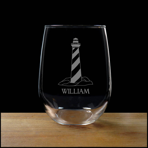 Lighthouse Personalized Stemless Wine Glass - Design 2 - Copyright Hues in Glass