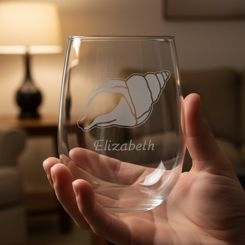 Sea Shell Personalized Stemless Wine Glass - Design 3 - Copyright Hues in Glass