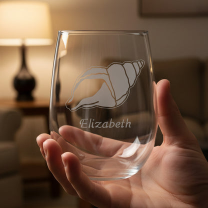 Sea Shell Personalized Stemless Wine Glass - Design 3 - Copyright Hues in Glass
