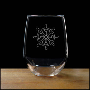 Ship's Wheel Stemless Wine Glass - Design 2 - Copyright Hues in Glass