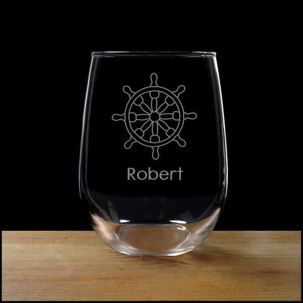 Ship's Wheel Personaliztion Stemless Wine Glass - Design 2 - Copyright Hues in Glass
