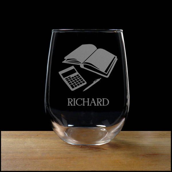 Personalized Bookkeeper Stemless Wine Glass - Design 3 - Copyright Hues in Glass