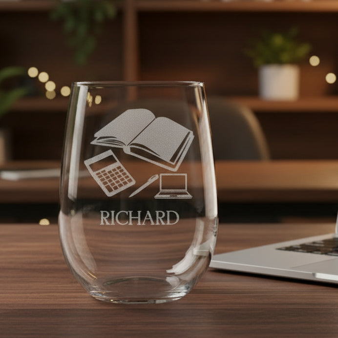 Personalized Bookkeeper Stemless Wine Glass - Design 3 - Copyright Hues in Glass