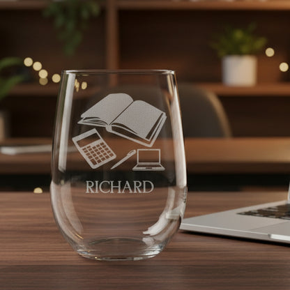 Personalized Bookkeeper Stemless Wine Glass - Design 3 - Copyright Hues in Glass
