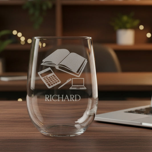 Personalized Bookkeeper Stemless Wine Glass - Design 3 - Copyright Hues in Glass