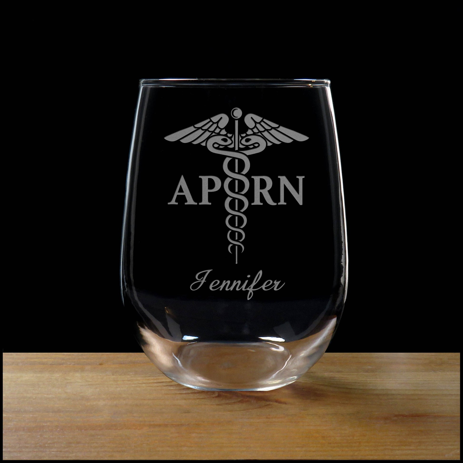 Personalized APRN Caduceus Stemless Wine Glass - Copyright Hues in Glass