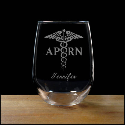 Personalized APRN Caduceus Stemless Wine Glass - Copyright Hues in Glass