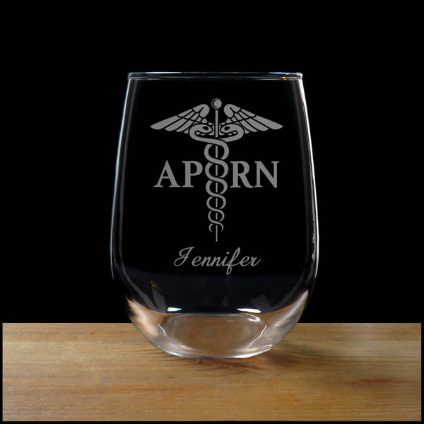 Personalized APRN Caduceus Stemless Wine Glass - Copyright Hues in Glass