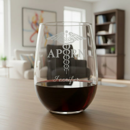 Personalized APRN Caduceus Stemless Wine Glass - Copyright Hues in Glass