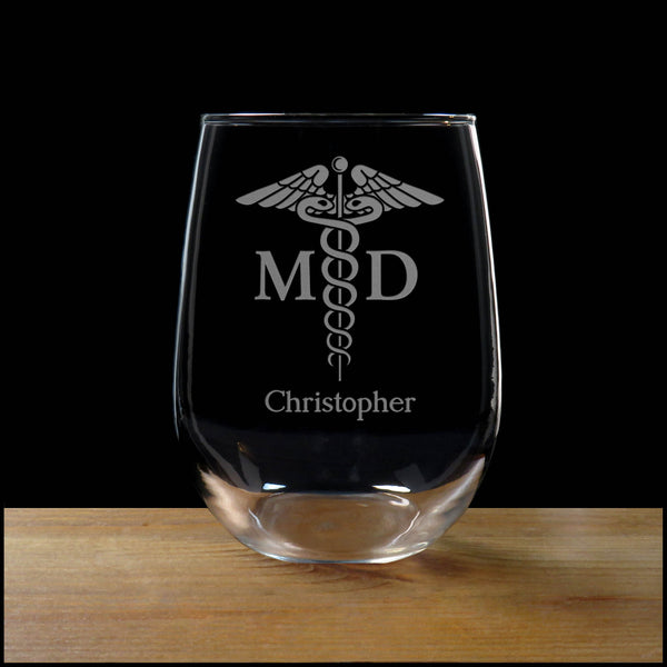 Personalized MD Caduceus Stemless Wine Glass - Copyright Hues in Glass
