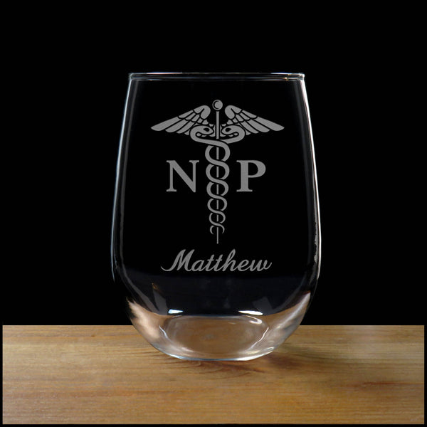 Personalized NP Caduceus Stemless Wine Glass - Copyright Hues in Glass