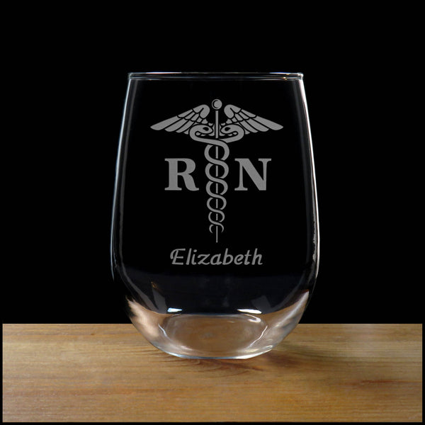 Personalized RN Caduceus Stemless Wine Glass - Copyright Hues in Glass