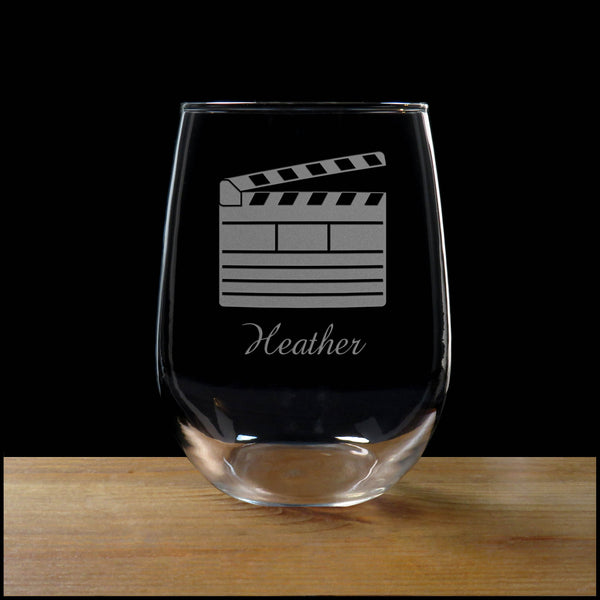 Personalized Film Clapper Stemless Wine Glass - Copyright Hues in Glass
