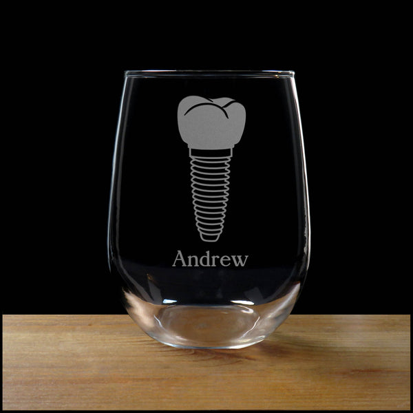 Personalized Dental Implant Stemless Wine Glass - Copyright Hues in Glass