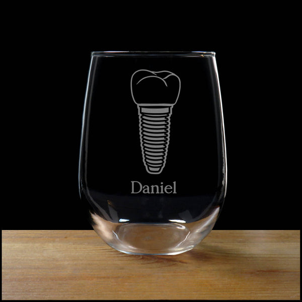 Personalized Dental Implant Stemless Wine Glass - Design 2 - Copyright Hues in Glass