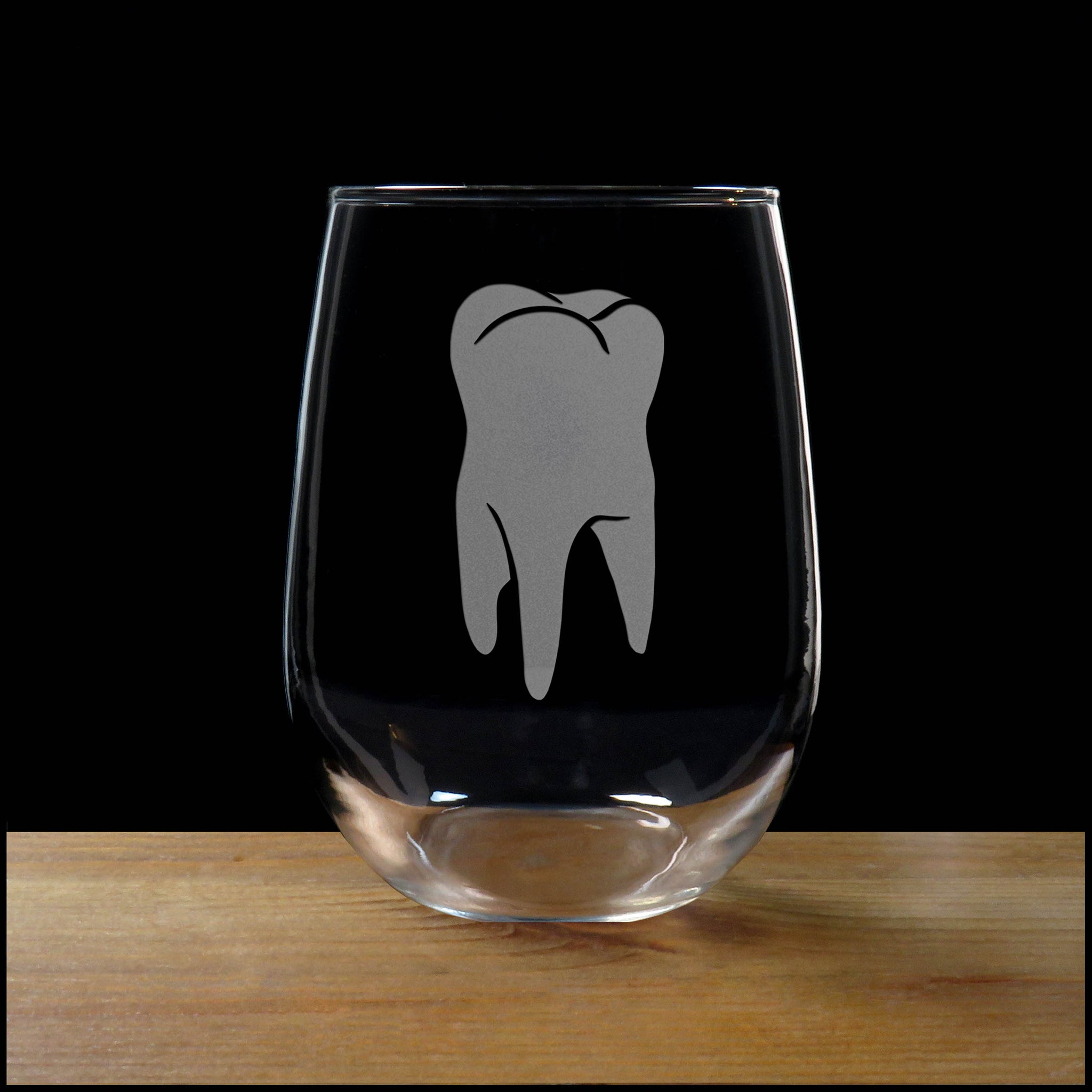 Personalized Dentist Tooth Stemless Wine Glass - Design 2 - Copyright Hues in Glass