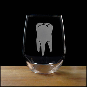 Personalized Dentist Tooth Stemless Wine Glass - Design 2 - Copyright Hues in Glass