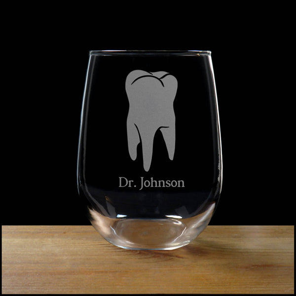 Dentist Tooth Stemless Wine Glass - Design 2 - Copyright Hues in Glass