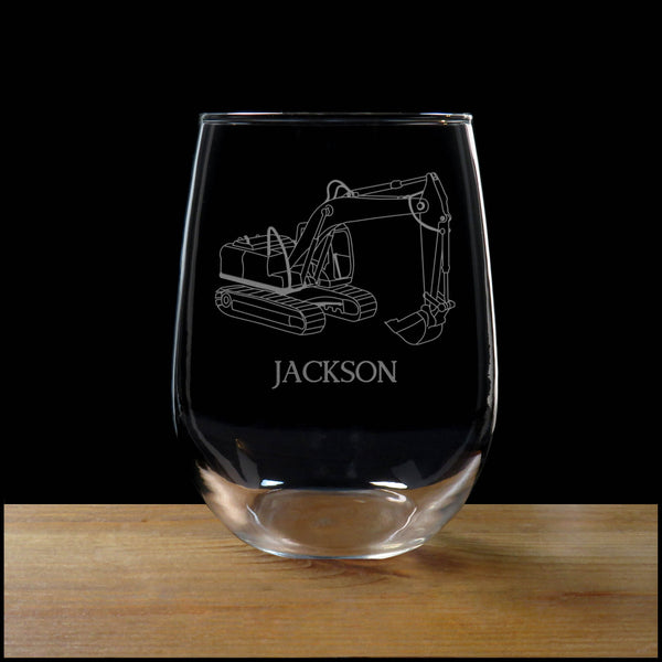 Personalized Excavator Stemless Wine Glass - Copyright Hues in Glass
