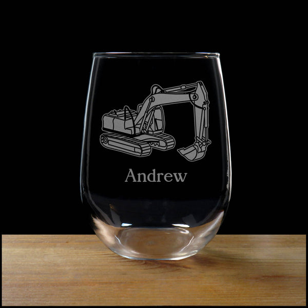 Personalized Excavator Stemless Wine Glass - Design 2 - Copyright Hues in Glass