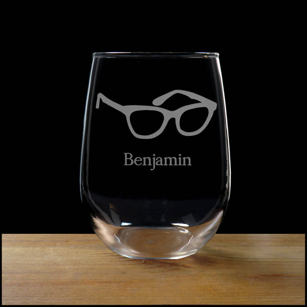 Personalized Eye Glasses Stemless Wine Glass - Design 2 - Copyright Hues in Glass