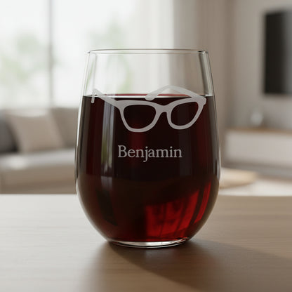Personalized Eye Glasses Stemless Wine Glass - Design 2 - Copyright Hues in Glass