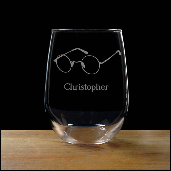 Personalized Eye Glasses Stemless Wine Glass - Design 4 - Copyright Hues in Glass