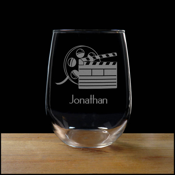 Personalized Film and Clapper Stemless Wine Glass - Copyright Hues in Glass