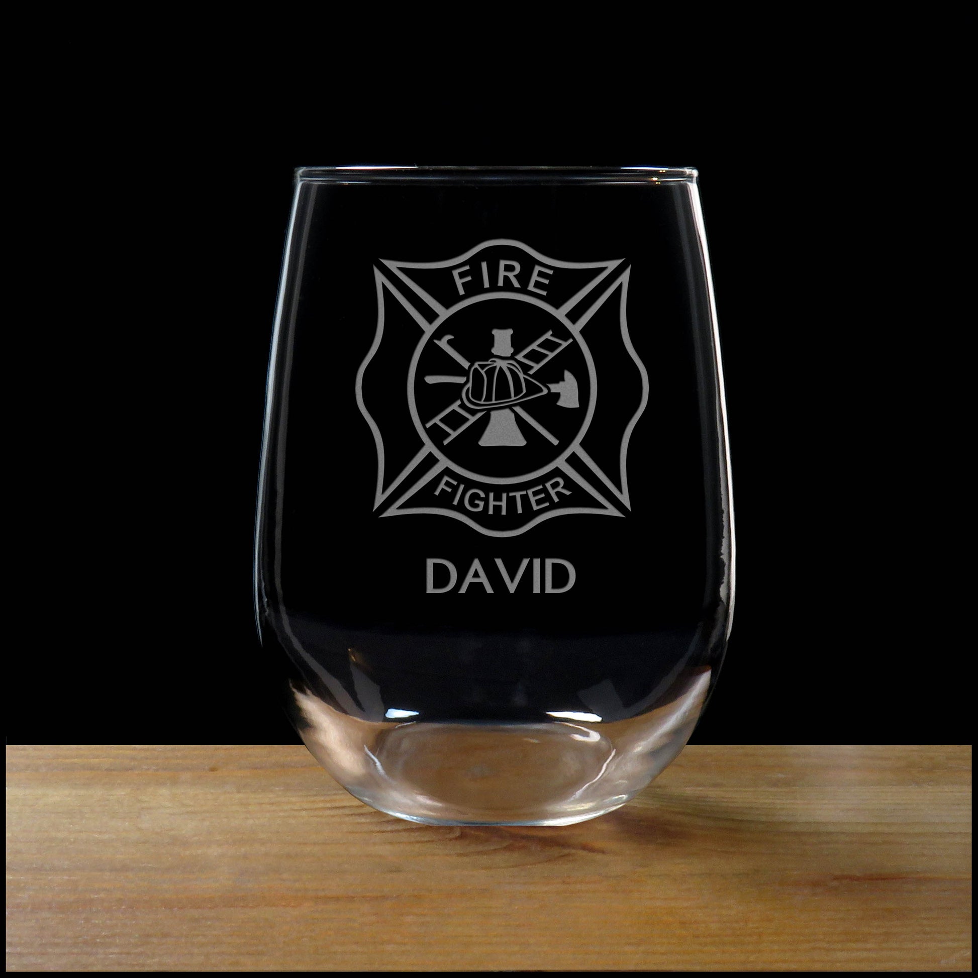 Personalized Fire Fighter Stemless Wine Glass - Copyright Hues in Glass