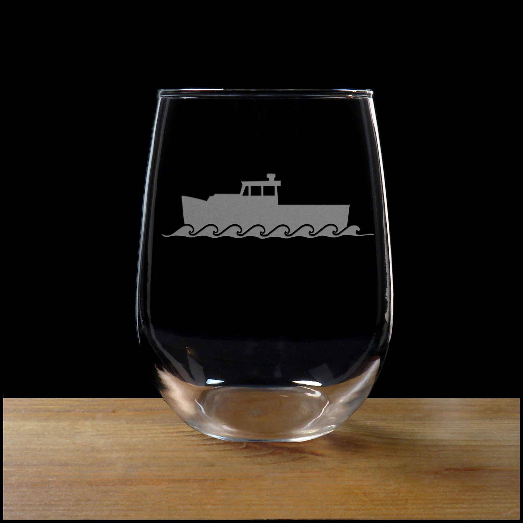 Lobster Boat Stemless Wine Glass - Copyright Hues in Glass