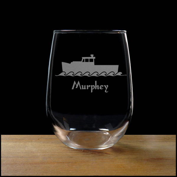 Personalized Lobster Boat Stemless Wine Glass - Copyright Hues in Glass