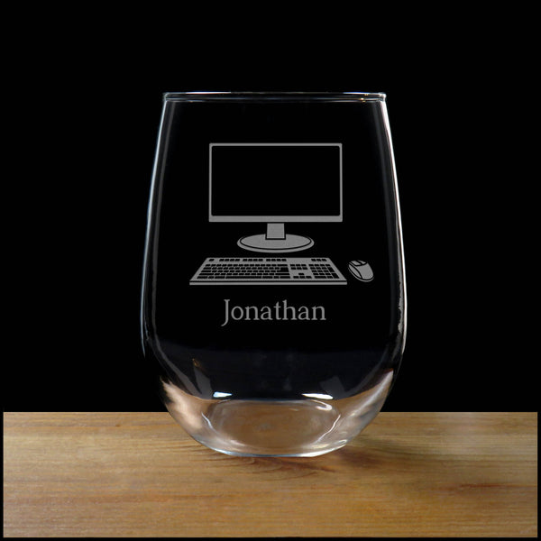 Personalized Computer Stemless Wine Glass - Copyright Hues in Glass Computer Stemless Wine Glass - Copyright Hues in Glass