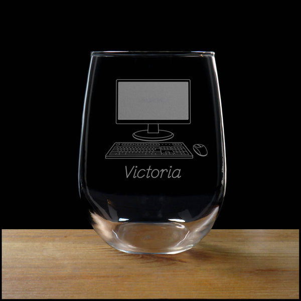 Personalized Computer Stemless Wine Glass - Design 2 - Copyright Hues in Glass