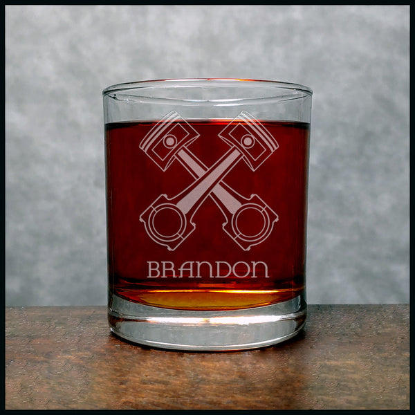 Crossed Pistons Personalized Whisky Glass - Copyright Hues in Glass