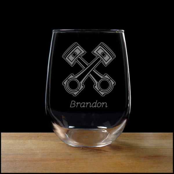 Personalized Mechanic Stemless Wine Glass - Design 2 - Copyright Hues in Glass
