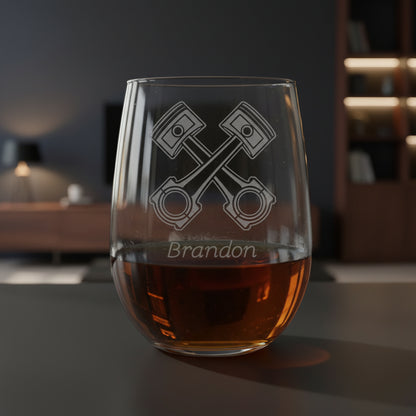 Personalized Mechanic Stemless Wine Glass - Design 2 - Copyright Hues in Glass
