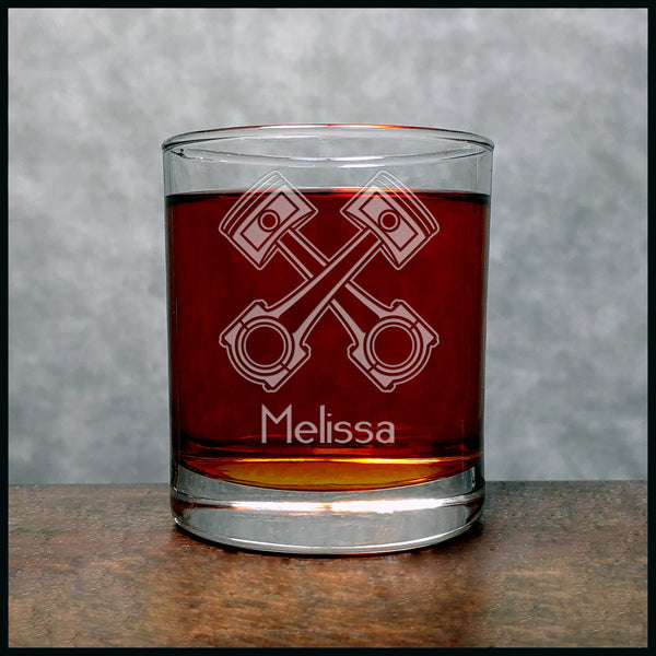 Crossed Pistons Personalized Whisky Glass - Design 2 - Copyright Hues in Glass