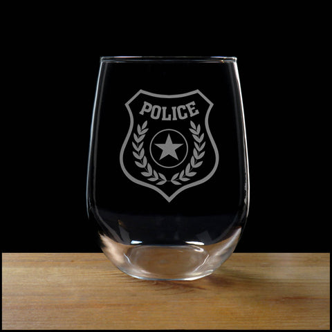 Police Badge Stemless Wine Glass - Copyright Hues in Glass