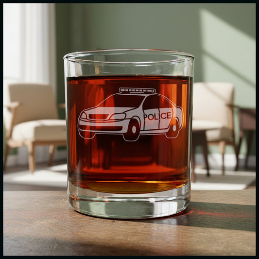 Police Car Whisky Glass - Copyright Hues in Glass