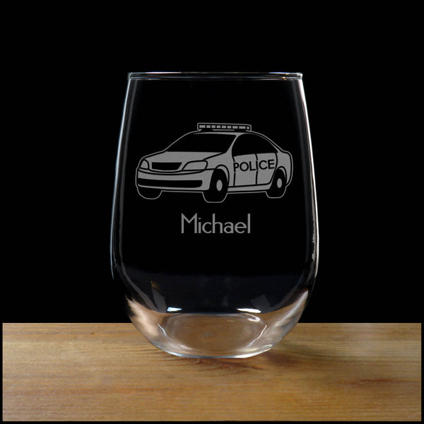 Personalized Police Car Stemless Wine Glass - Copyright Hues in Glass