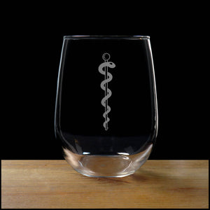 Rod of Asclepius Stemless Wine Glass - Copyright Hues in Glass